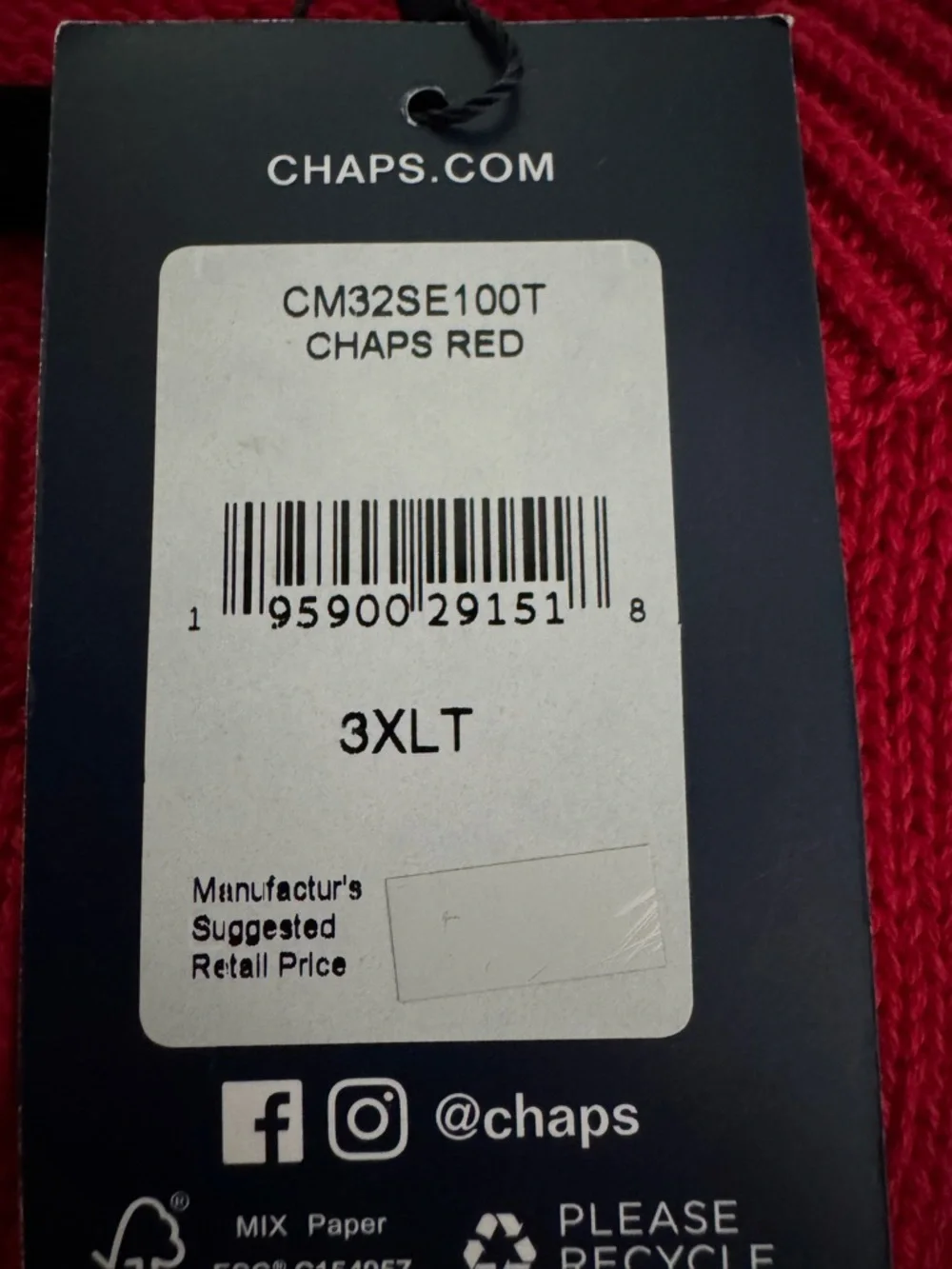 NWT Chaps Sweater Red Pullover Crewneck Mens Big & Tall Size 3XLT Cotton Classic
